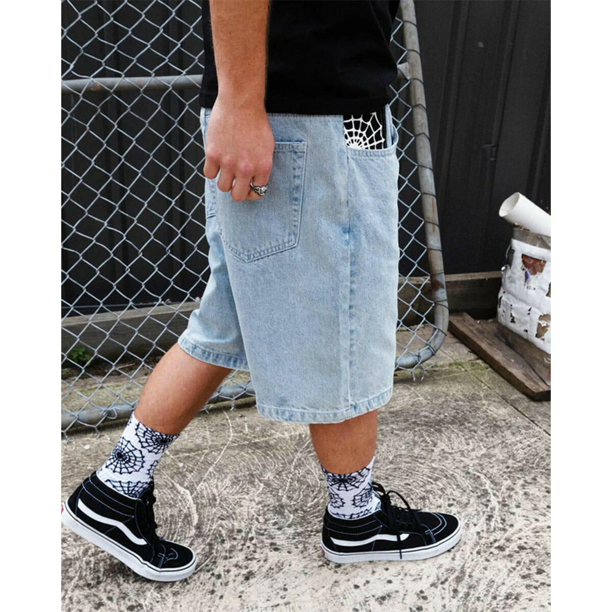 Crawling Death - Web Denim Shorts Light Blue.