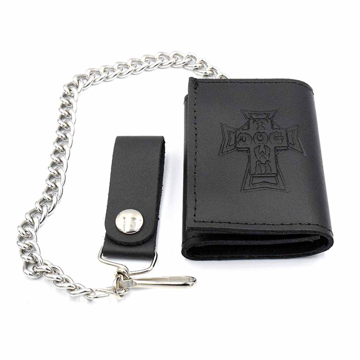 Dogtown Leather Chain Tri Fold Wallet Black