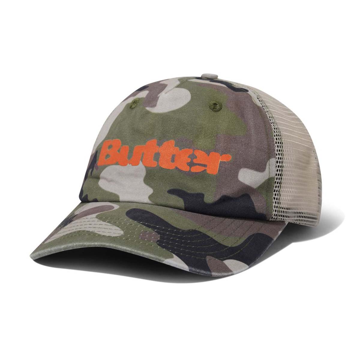 Butter Goods Stencil Trucker Cap Camo Front