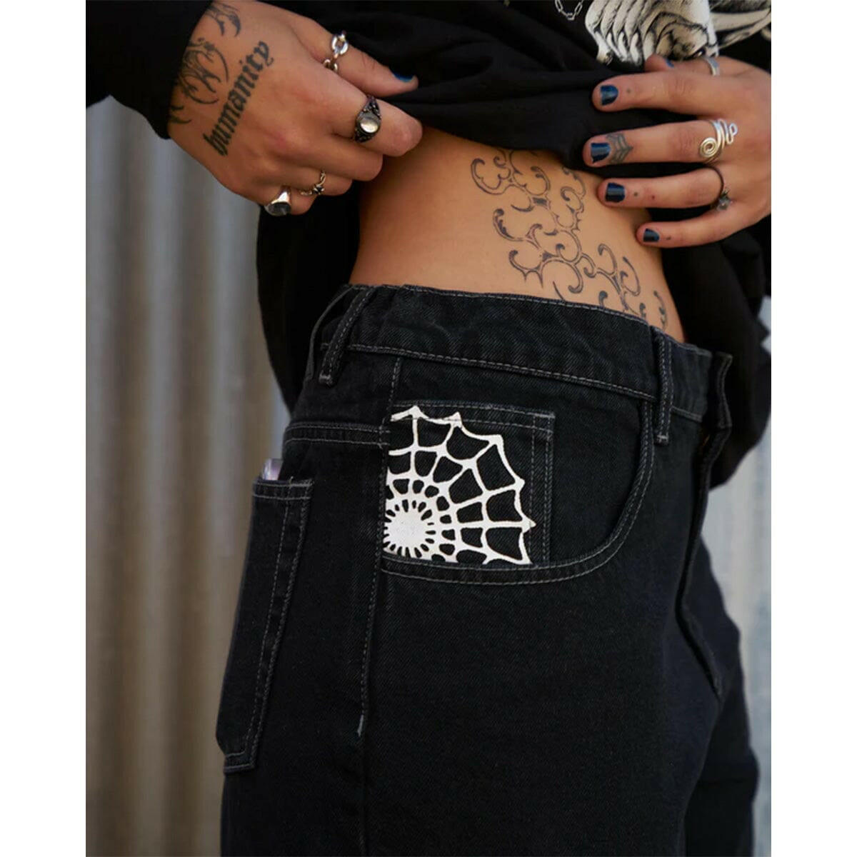 Crawling Death  - Web Denim Jeans Washed Black.