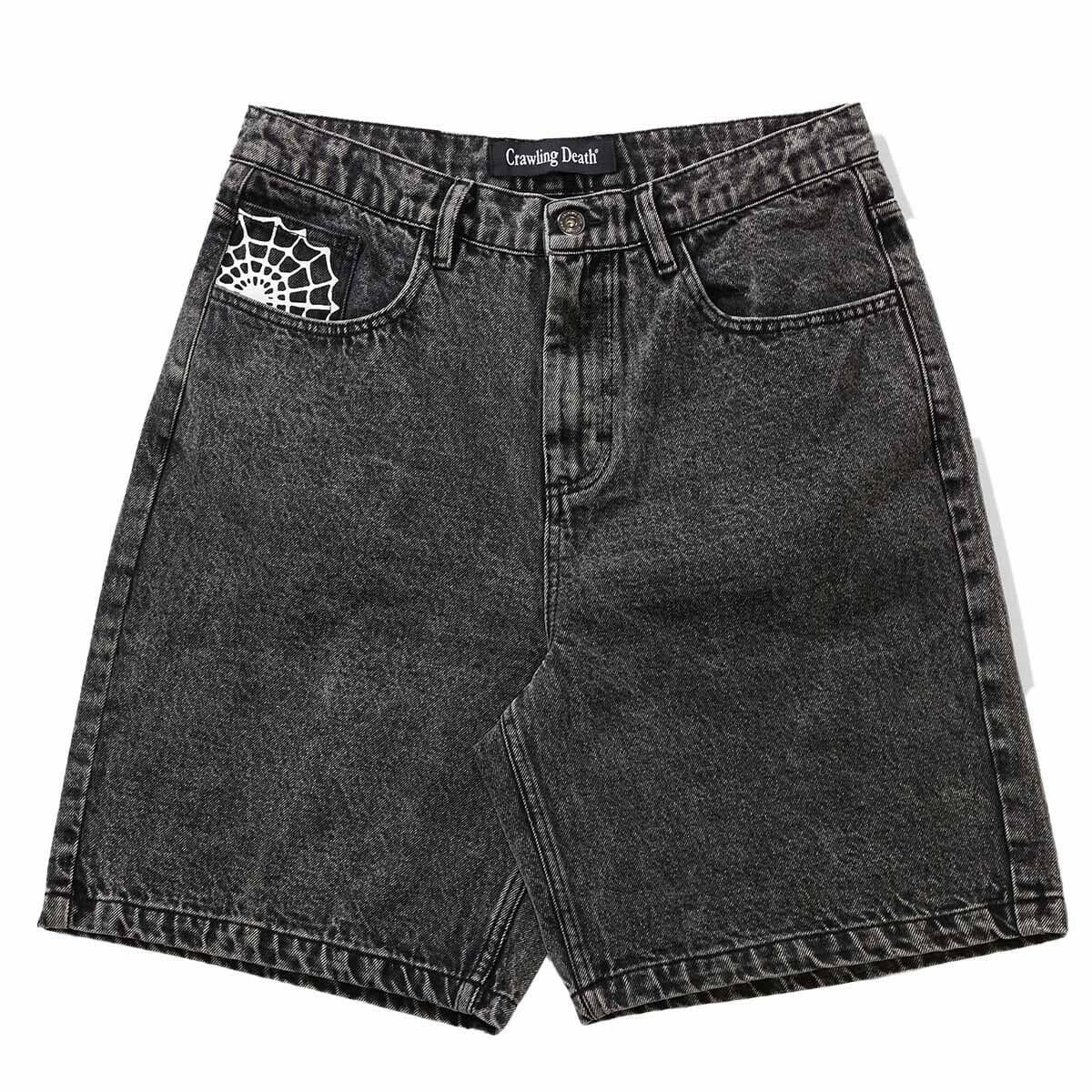 Crawling Death - Web Denim Shorts Acid Black.