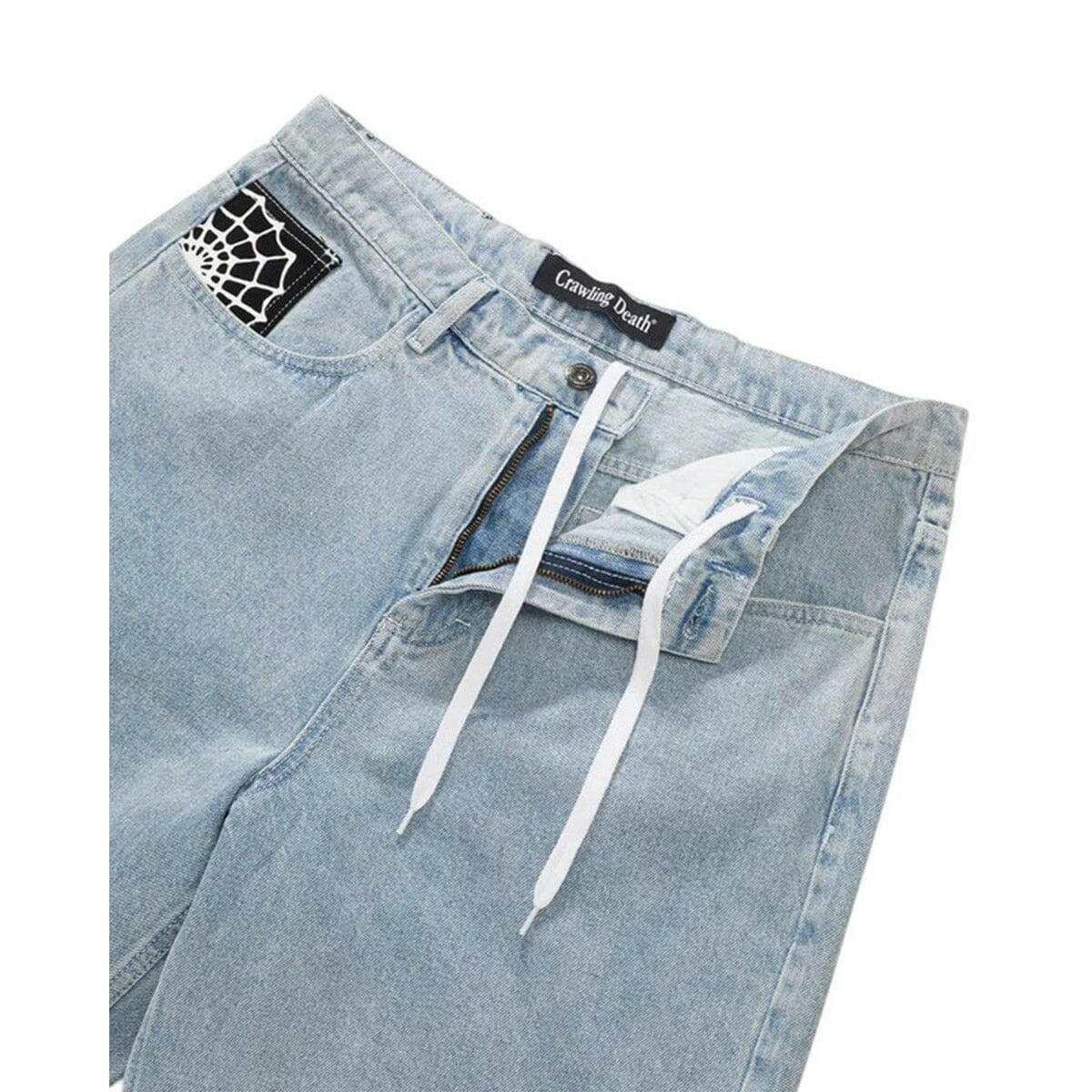 Crawling Death - Web Denim Shorts Light Blue.