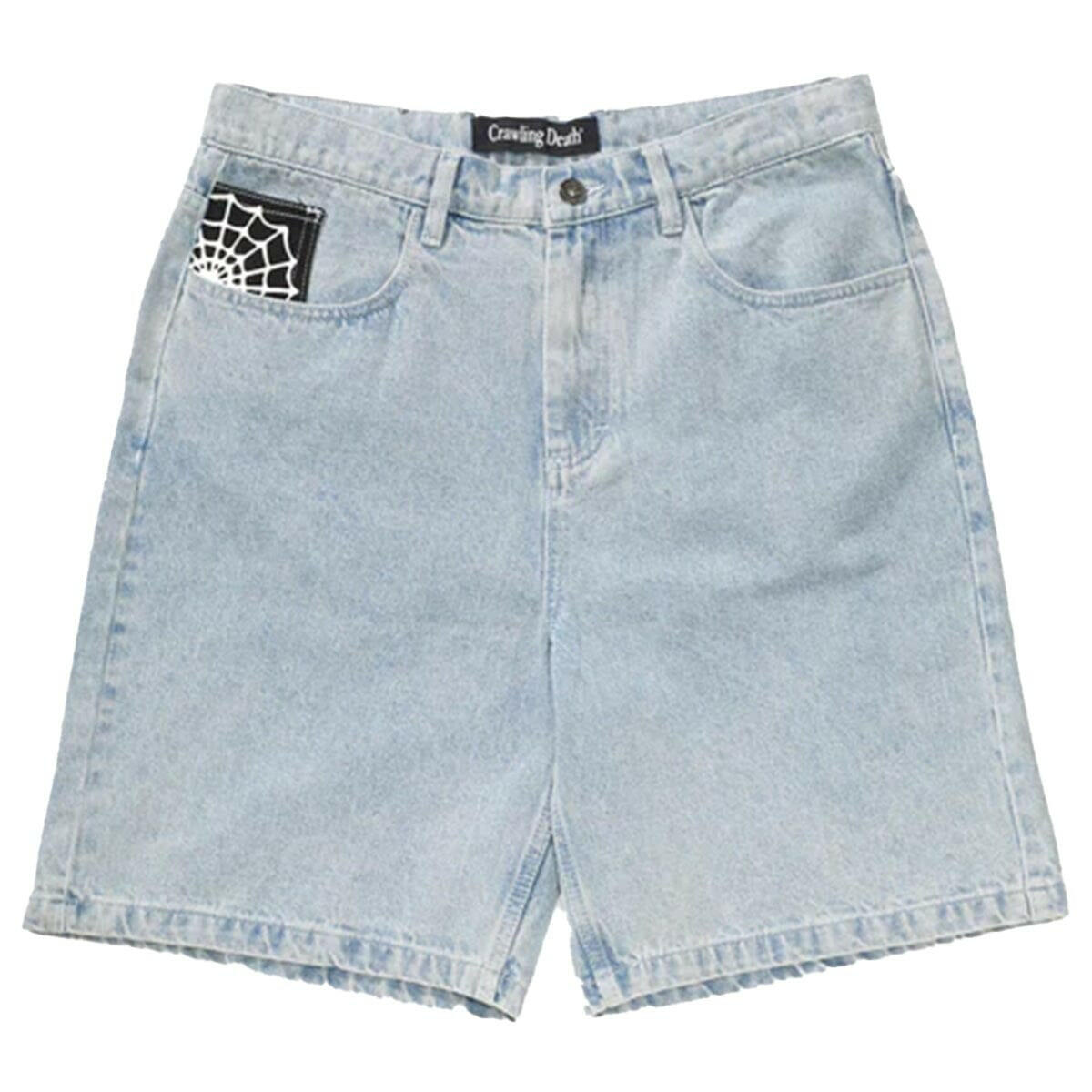 Crawling Death - Web Denim Shorts Light Blue.
