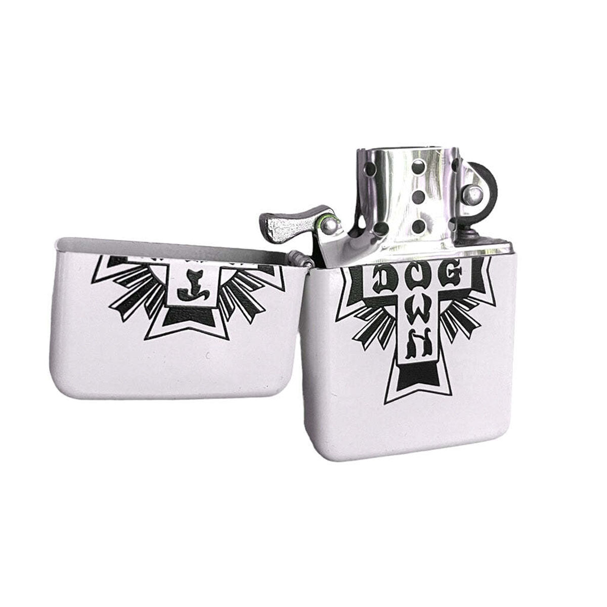 Dogtown Cross Logo Flip Top Metal Lighter White Opened