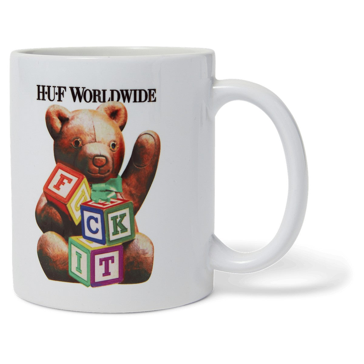 HUF Gift Bear white ceramic mug with teddy bear and colourful block artwork, front view