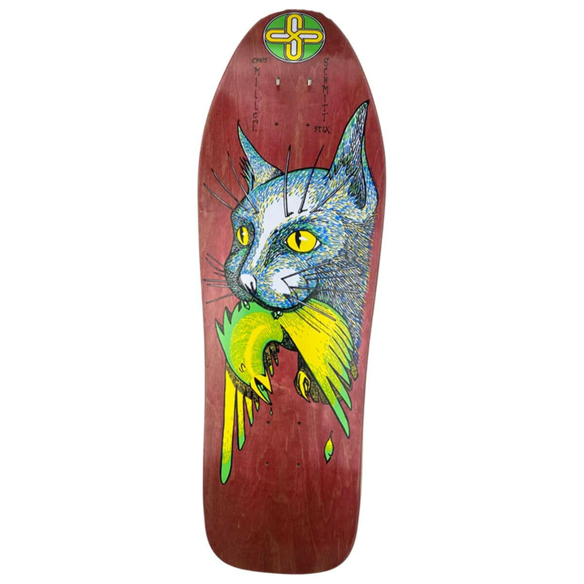Schmitt Stix - Chris Miller III Bird In Mouth Red 10.0 Reissue Skateboard Deck.