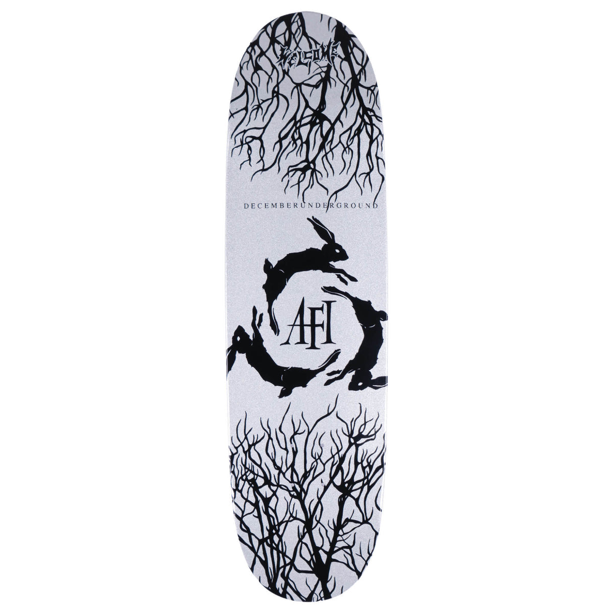 Welcome x AFI Decemberunderground White Glitter 8.8 skateboard deck bottom graphic
