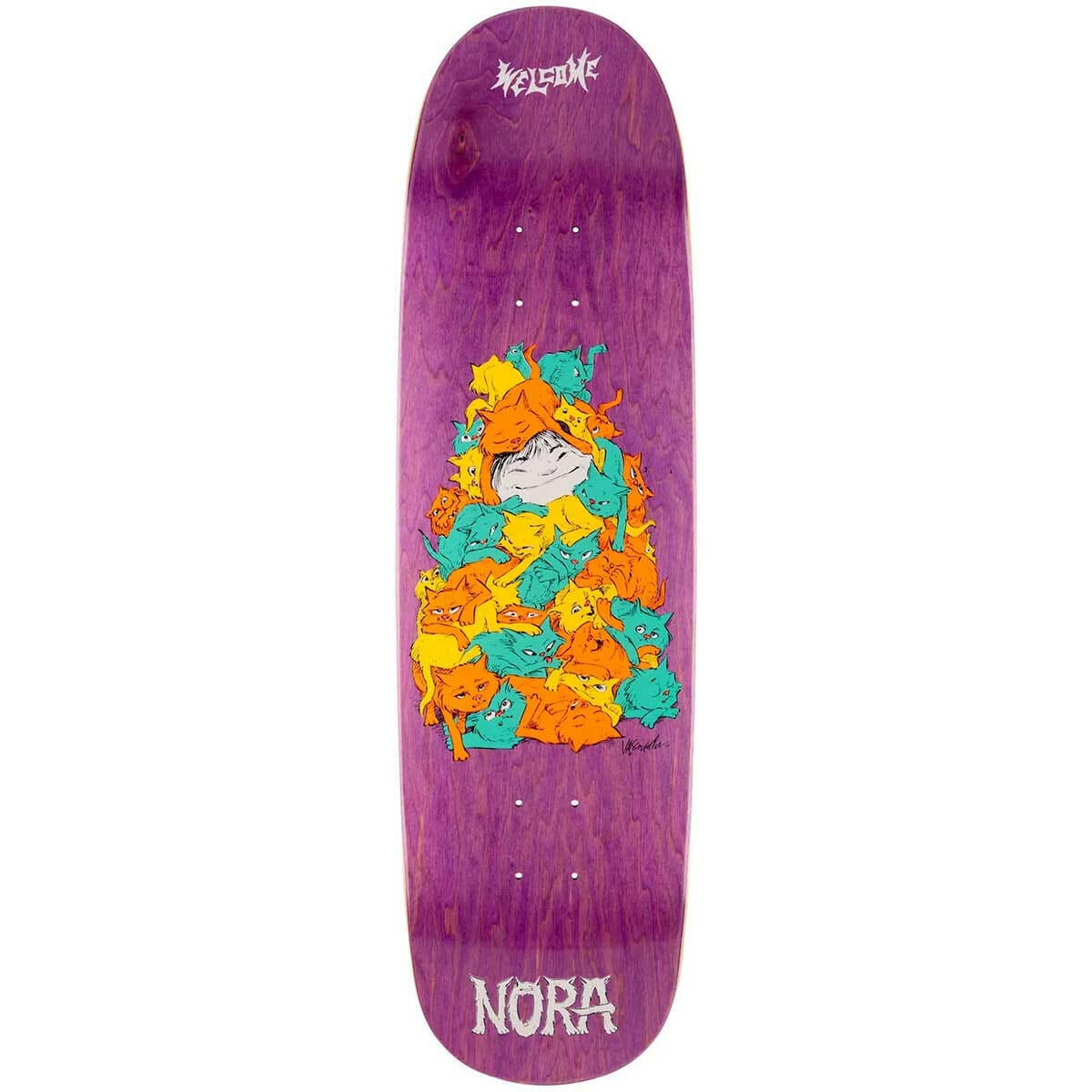 Welcome - Nora Vasconcellos Purr Pile on Sphynx Purple 8.8 Skateboard Deck.
